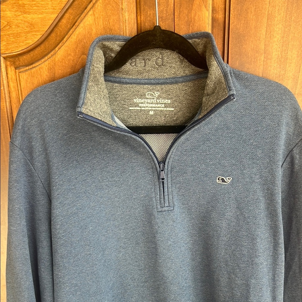 Vineyard Vines Blue and Gray Zip Up Sweater with Stand-Up Collar
